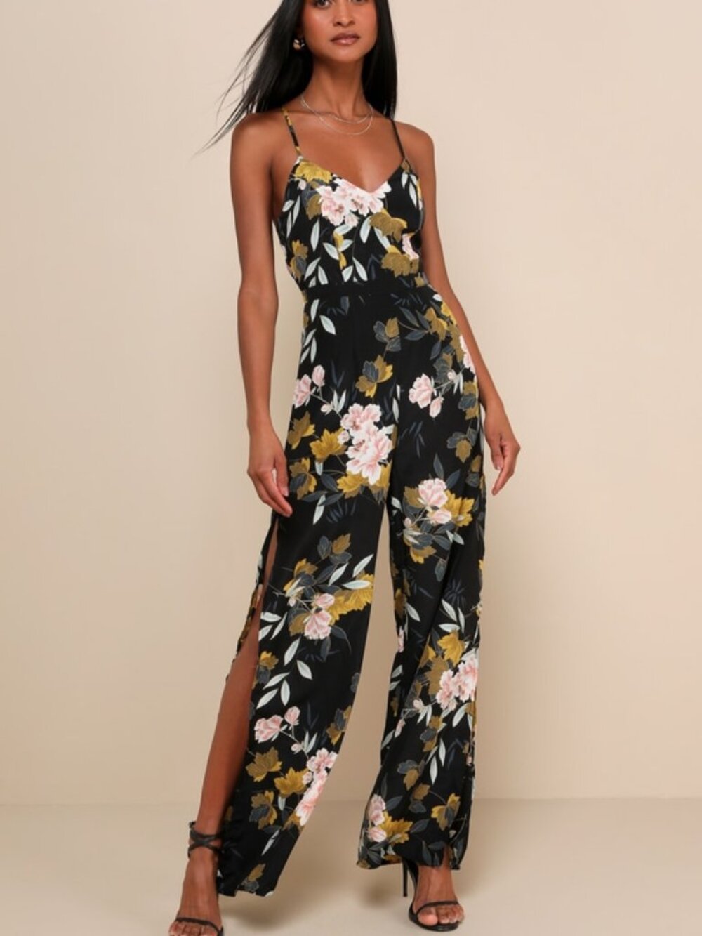 Lulus Beautiful Blooms Black Floral Print Wide-leg Jumpsuit - Size L